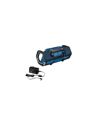 Blue portable radio with charging cable on a white background