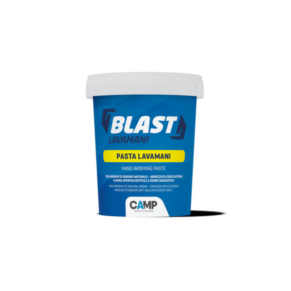 Blue container of Blast Lavamani pasta washing paste on a white background