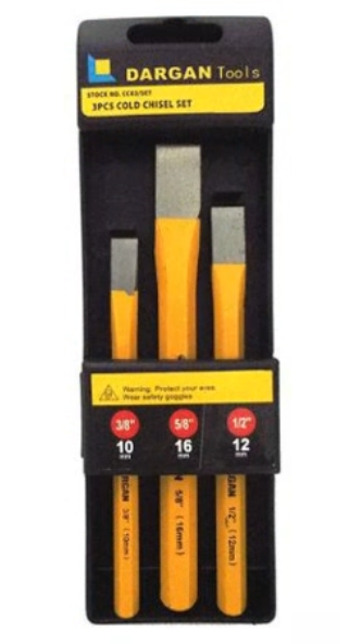 Dargan Tools cold chisel set packaging with three chisels inside