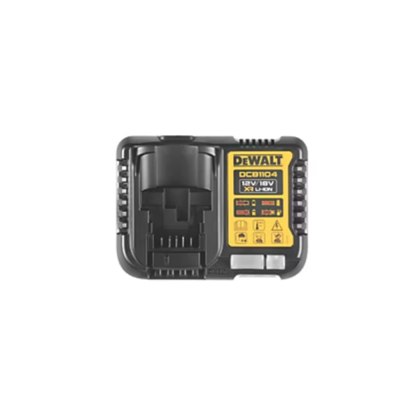 DeWalt DCG8104 18V 18V-LI battery charger with a yellow and black label, shown on a plain white background.