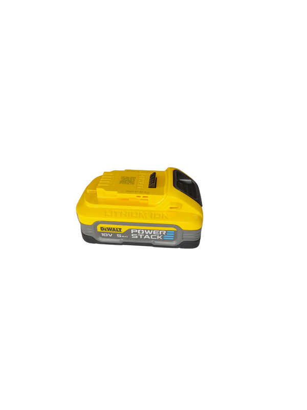 Yellow Dewalt power tool battery on a white background