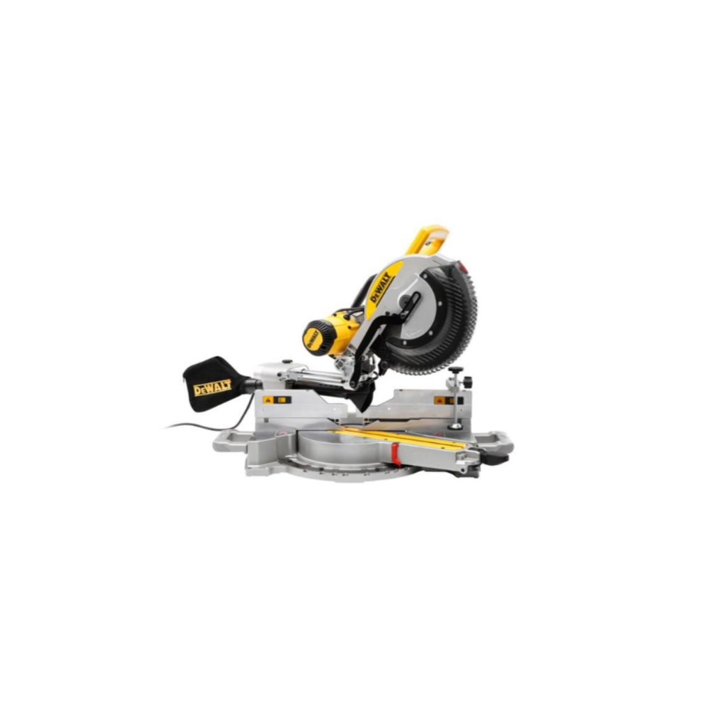 A DeWalt miter saw with a gray metal base, yellow and black components, and a circular blade, shown on a plain white background.