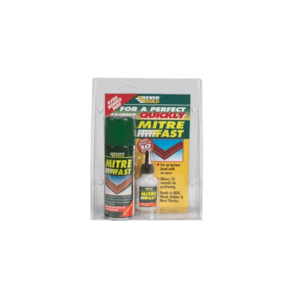 Mitre Fast Quick Fix adhesive kit in a clear plastic blister pack, containing a green spray can and a small bottle with a yellow backing card.