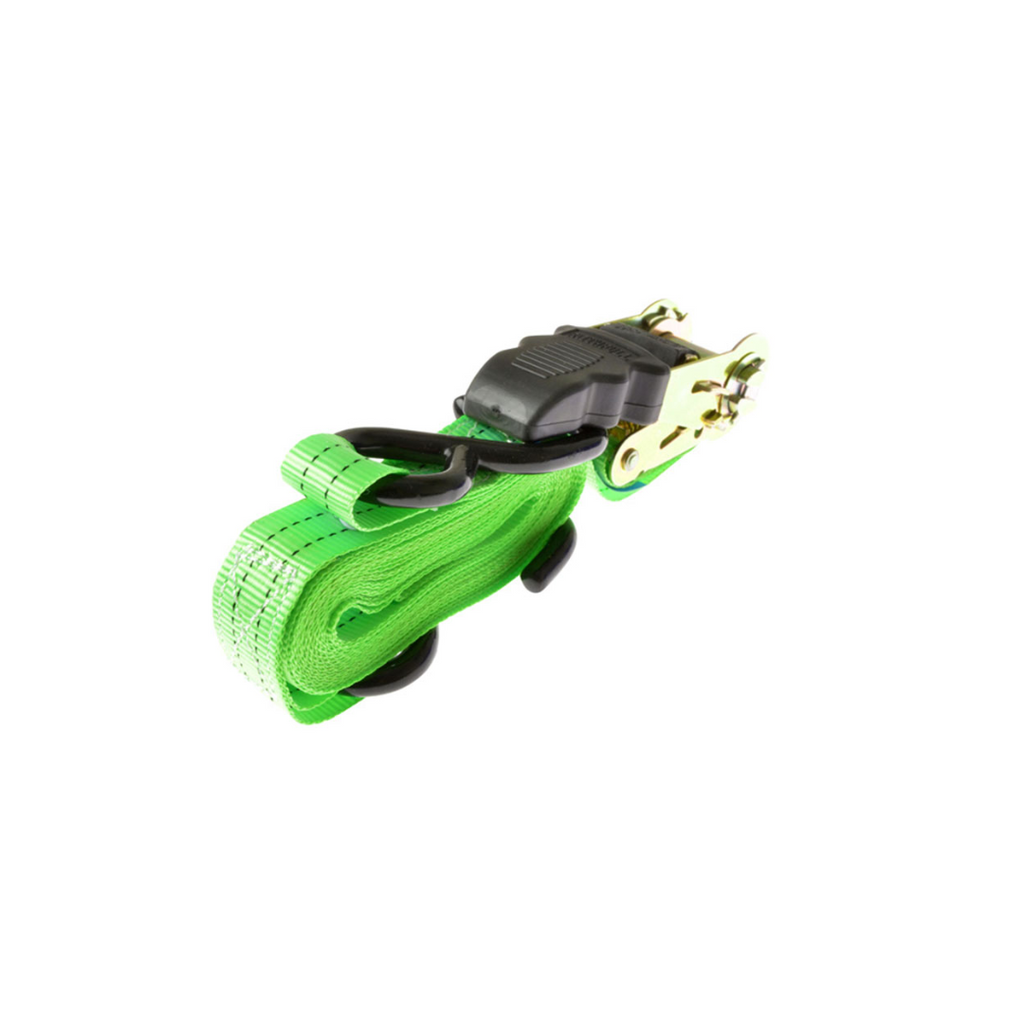 Green tie-down strap with black and gold hardware on a white background