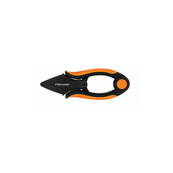 Fiskars herb cutting shears with black and orange ergonomic handles, shown against a plain white background.