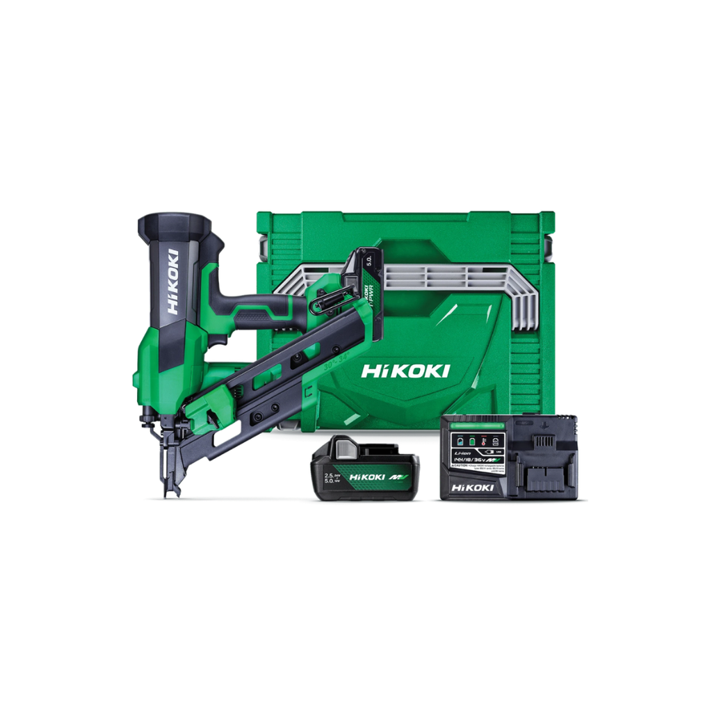 Hikoki cordless nail gun with green and black body, shown with a matching green carrying case, two black batteries, and a black charger on a white background.
