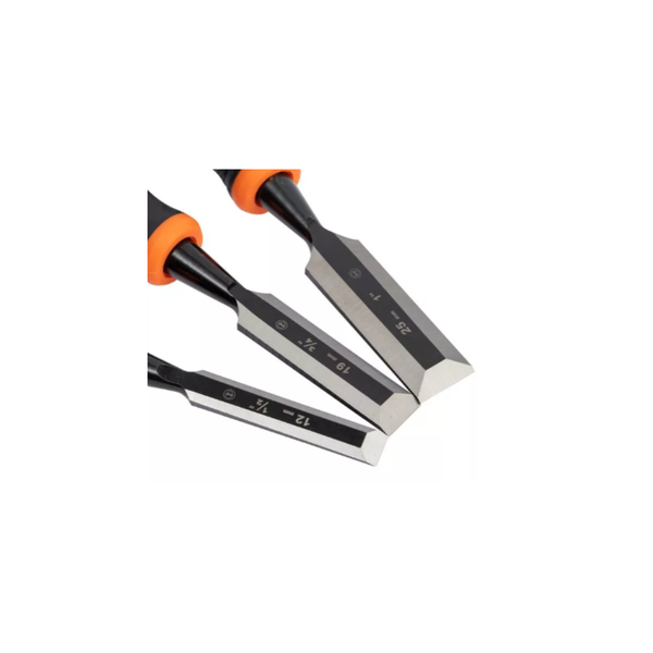 Three metal chisels with black handles and orange grip rings, arranged diagonally on a plain white background.