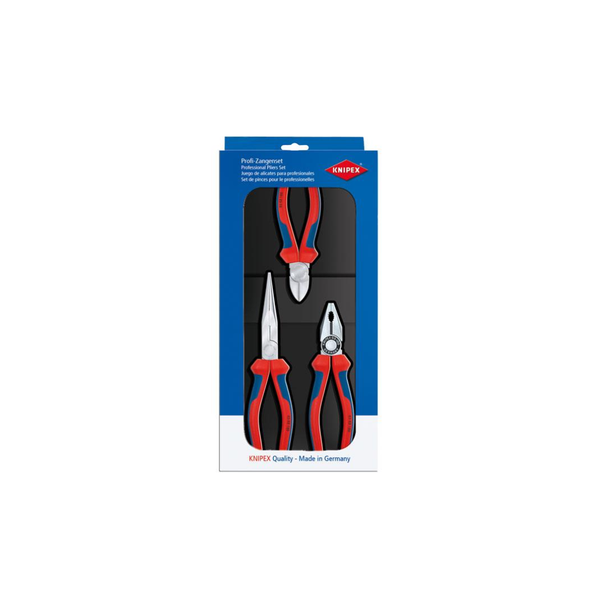 Knipex 002011 Tool Set in its original retail packaging, featuring three hand tools with red and blue handles on a white and blue cardboard backing.