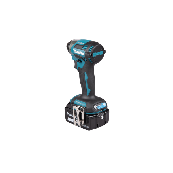 Makita cordless drill driver with a black and teal body, shown with a dual battery pack on a clean white background.