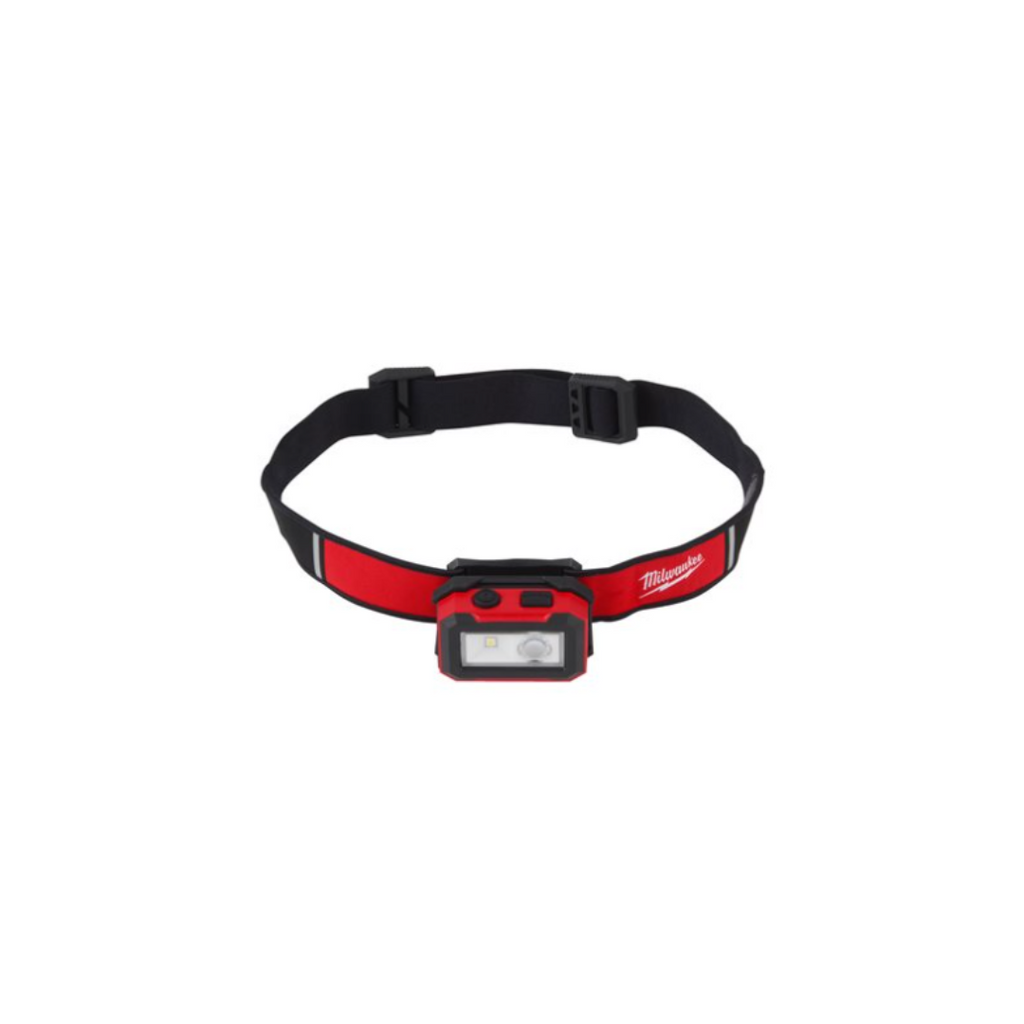 Headlamp with red and black design on a white background