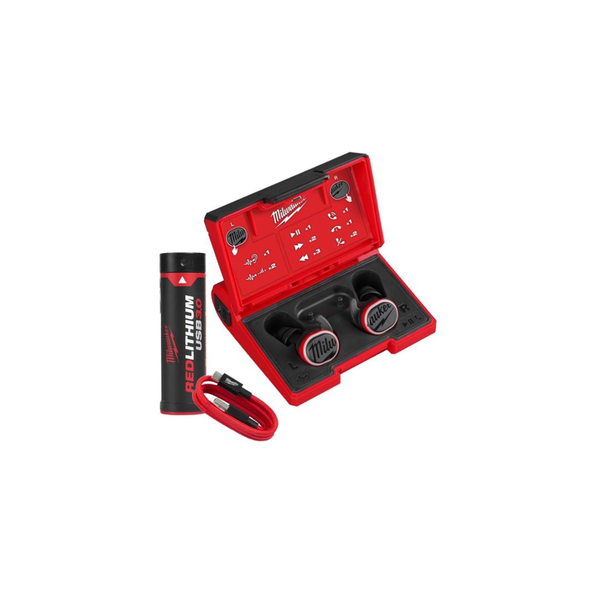 Milwaukee TFSX Lithium-ion cordless tools kit, including an open red and black carrying case with two cordless tools inside, a matching cylindrical battery pack, and a red charging cable, on a white background.