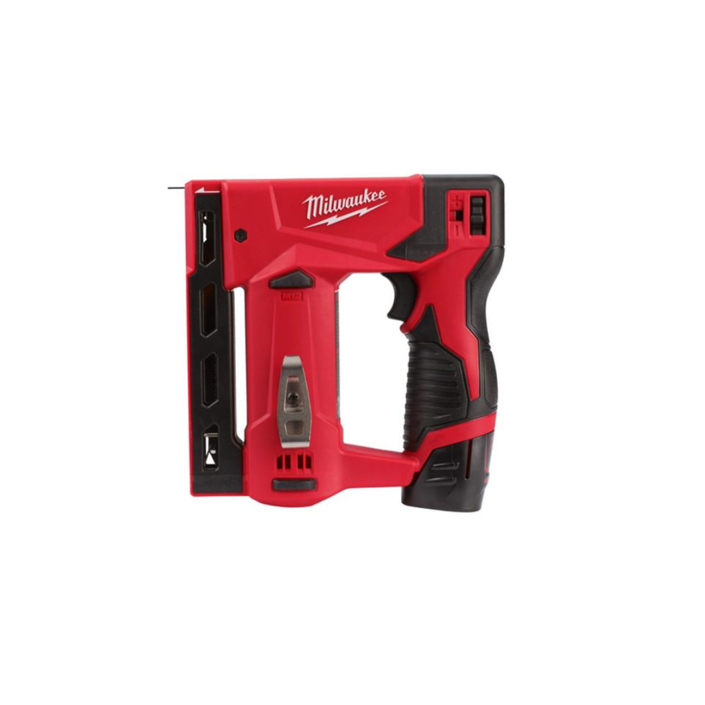 Milwaukee cordless nail gun with red and black body, shown from the side on a white background.