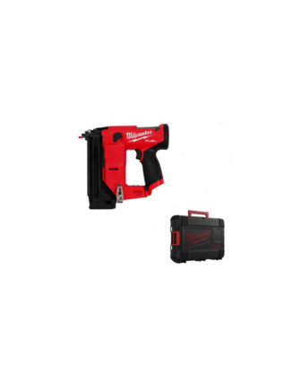 Red and black Milwaukee nail gun with carrying case on a white background