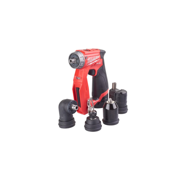 Milwaukee cordless drill driver with three black attachment bits, shown on a clean white background.