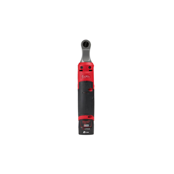 A Milwaukee cordless ratchet driver with a red and black handle and a gray socket attachment, shown vertically on a plain white background.