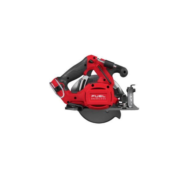 Milwaukee red and black cordless circular saw with a circular blade, shown from a side profile on a solid white background. The brand 'FUEL' is clearly visible on the side of the red housing.