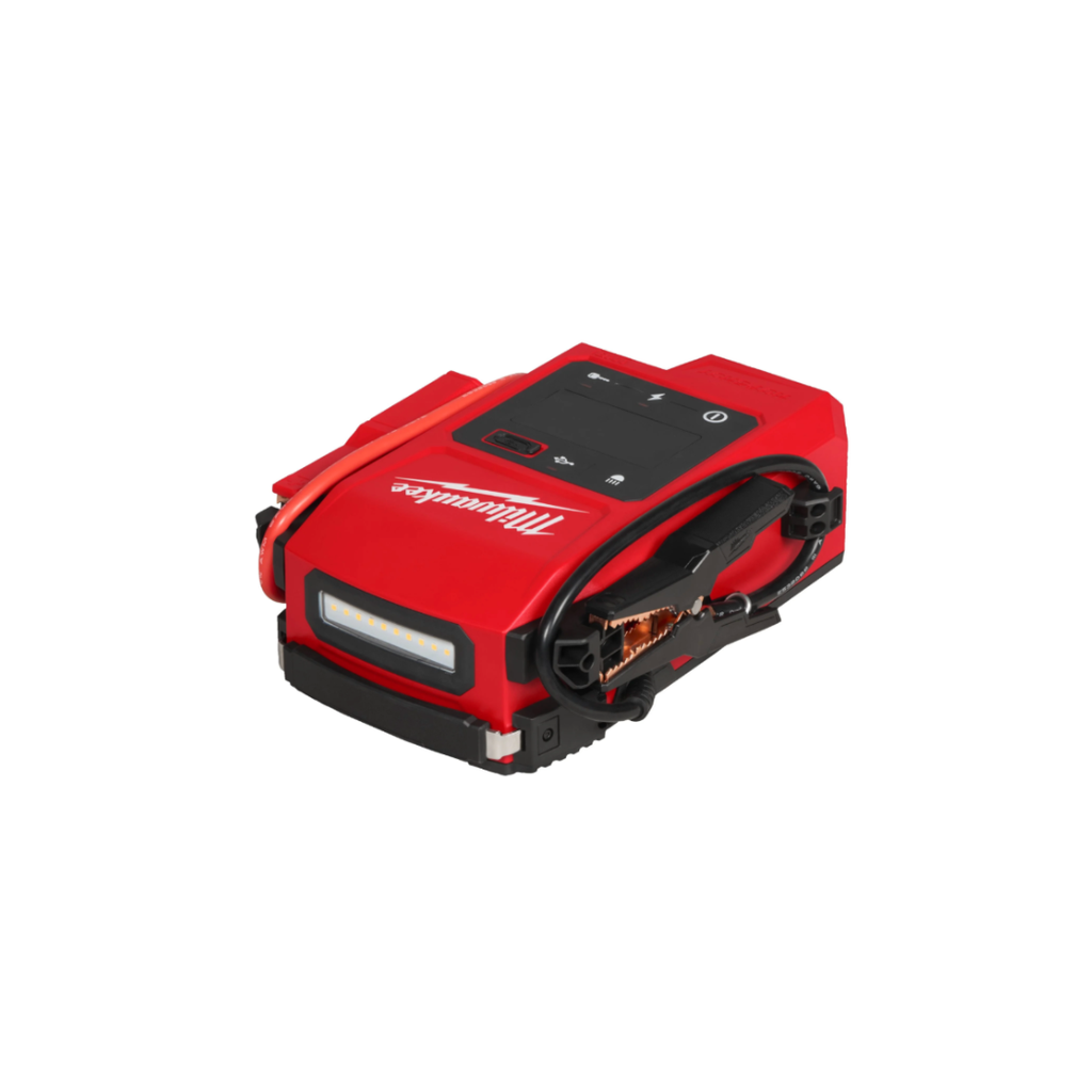 Red and black Milwaukee jump starter on a white background