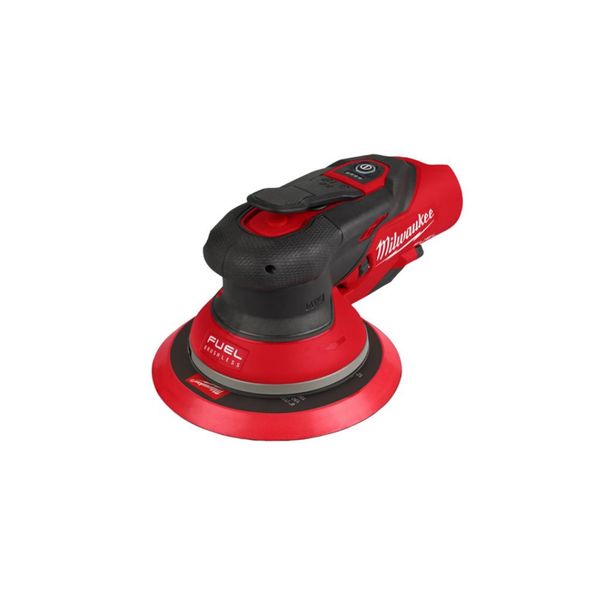 Milwaukee cordless sander with a red and black body, featuring a red circular sanding base, shown on a solid white background.