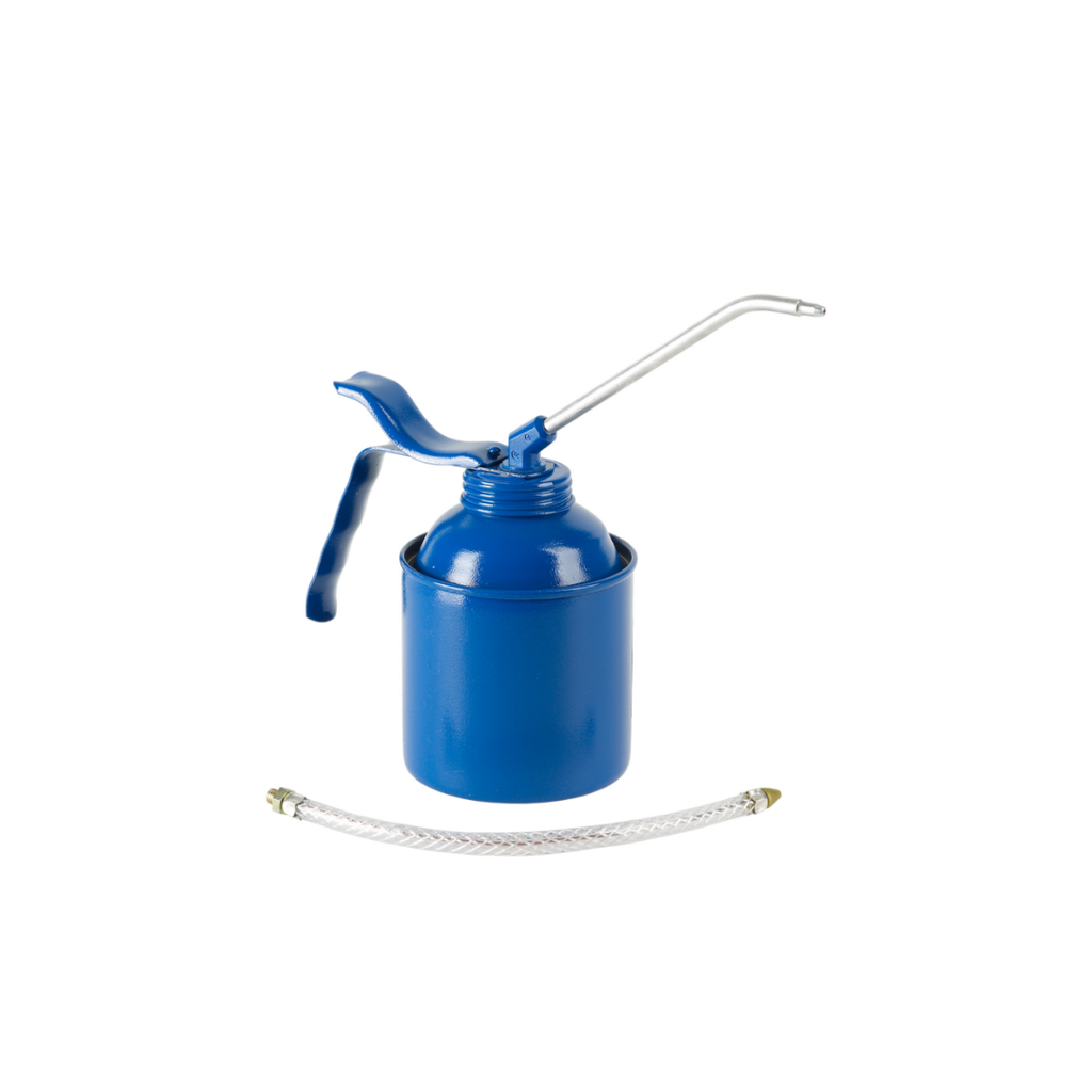 Blue oil can with a long spout on a white background