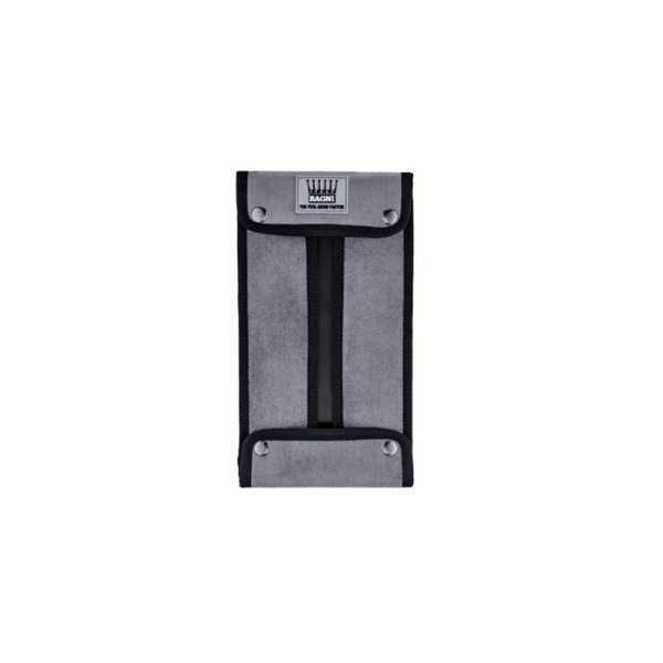 Gray trowel wallet with black strap on a white background