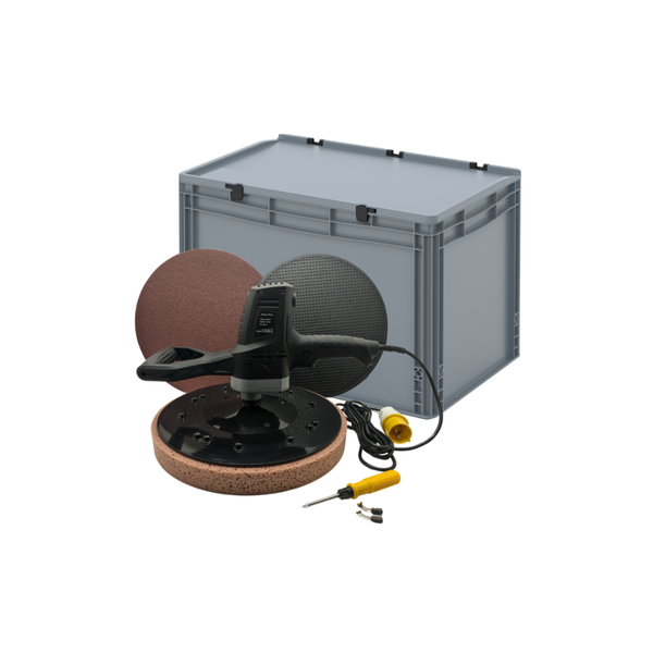 A belt sander kit with a black handheld sander, two circular sanding discs, a yellow power cord, mounting hardware, and a large gray plastic storage box on a white background.