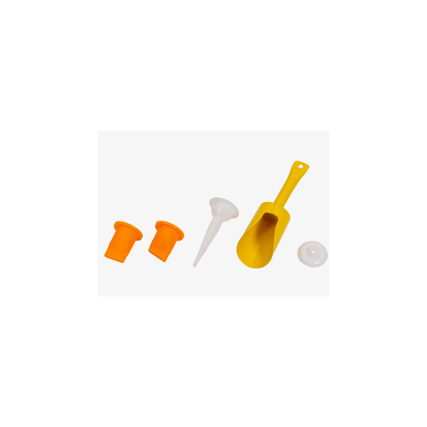 A small plastic accessory set on a white background, including two orange cone-shaped pieces, a white funnel, a yellow scoop with a handle, and a small round white cap.