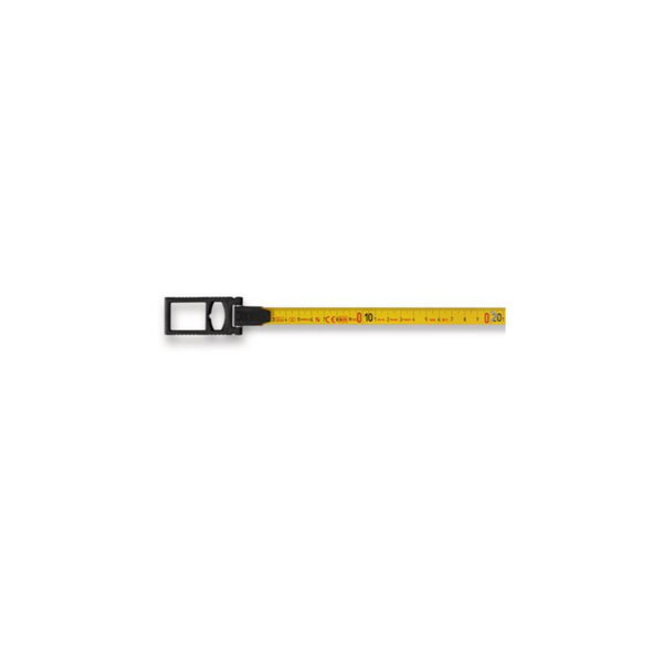 A 12-inch yellow tape measure with a black metal frame and a black push-button housing, shown horizontally against a plain white background.