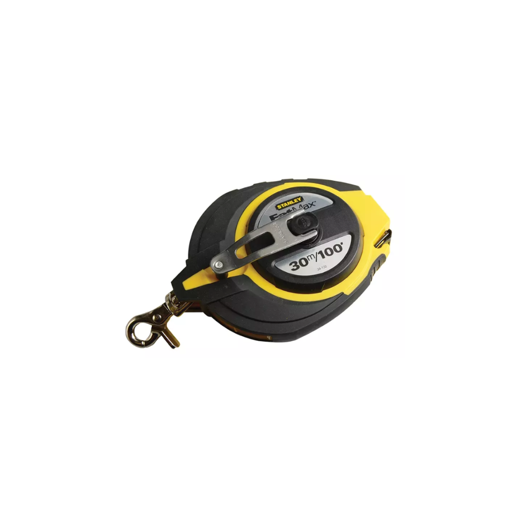 A Stanley tape measure with a yellow and black casing, featuring a brass hook and a black lanyard, shown on a plain white background.