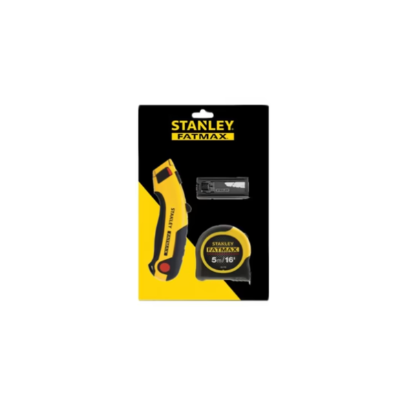 Stanley Fatmax utility knife and tape measure set in its original retail blister packaging, featuring a yellow and black design on a white background.