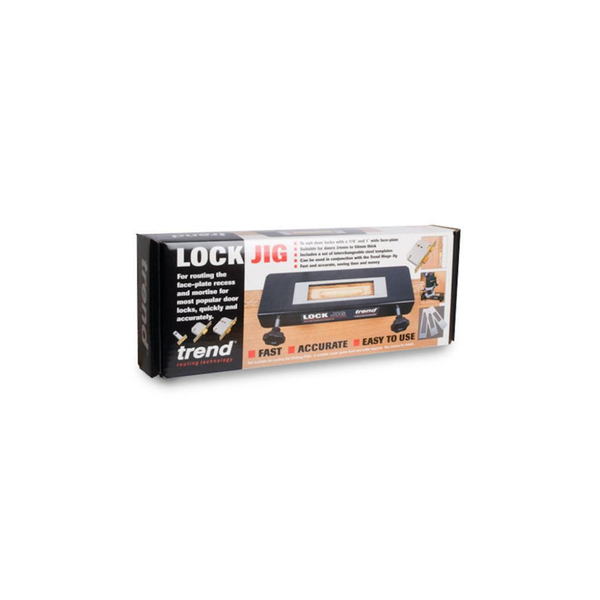 Trend Lock Jig product packaging box, featuring a black and white design with orange accents and an illustration of the locking device, shown on a plain white background.