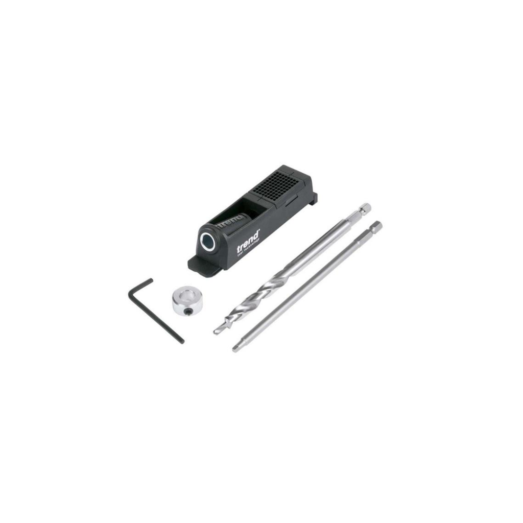 A black and silver rotary screwdriver bit set with two metal drill bits, a hex key, and a small metal cap, displayed on a clean white background.